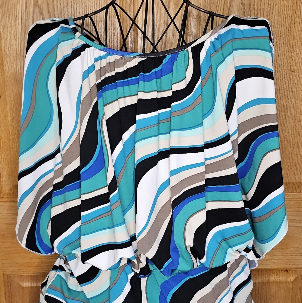 Jonathan Martin Dress. Wavy design, greens & blues, stretchy, large. Sleeveless.